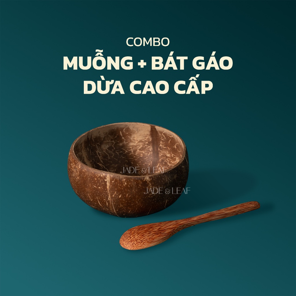 Combo Bát Gáo Dừa Jade&Leaf Kèm Muỗng Gỗ Hàn Quốc Cao Cấp, Ăn Cơm Ngũ Cốc Đựng Bột Đắp Mặt Nạ