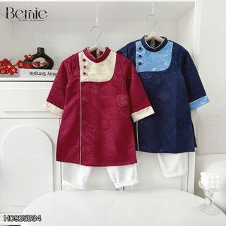 Bộ áo dài gấm vân mây bé trai, set áo dài gấm phối quần kaki trắng hàng đẹp