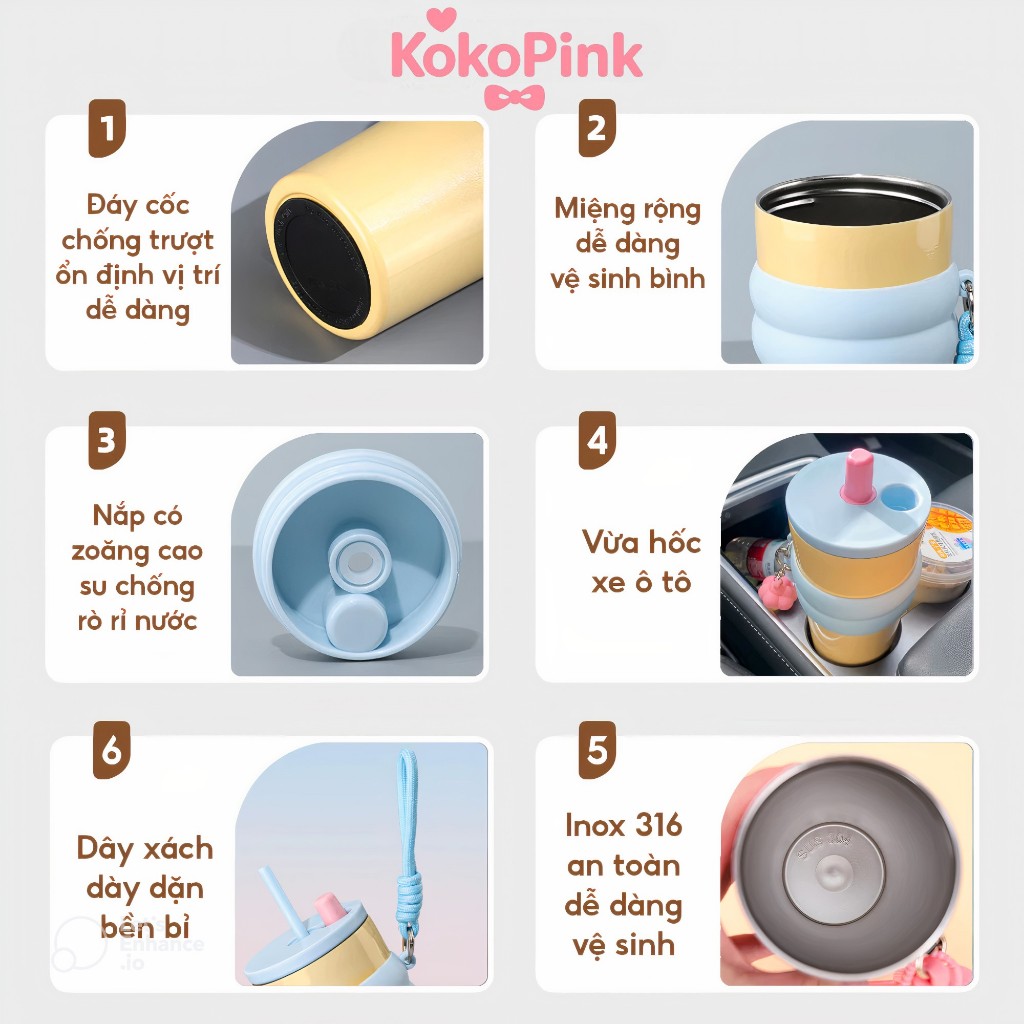 Bình Giữ Nhiệt KokoPink Cao Cấp – Kiểu Dáng Thời Trang, Có Ống Hút, Phù Hợp Cho Bé & Người Lớn, Tặng Kèm Dụng Cụ Vệ Sinh