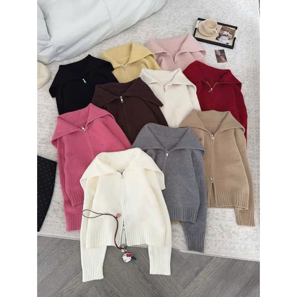 Áo khoác len cardigan cổ bẻ vạt to khoá 2 kiểu Nữ hàng QC loại 1 dày dặn from chuẩn