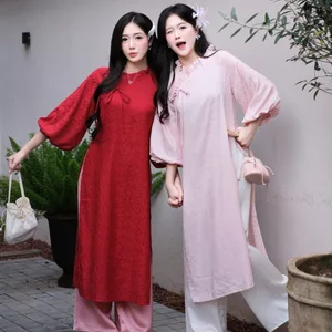 CÓ BIGSIZE - Áo dài lụa gấm DUYÊN NGHI tay bồng phối cổ bèo cách điệu kèm quần Satin AD196