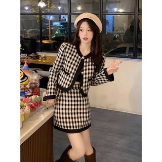 Set áo váy dạ kẻ caro phối viền nhung 2 lớp siêu xinh, Set đồ nữ thu đông rẻ đẹp