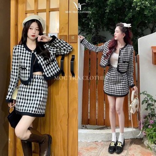 Set áo váy dạ kẻ caro phối viền nhung 2 lớp siêu xinh, Set đồ nữ thu đông rẻ đẹp