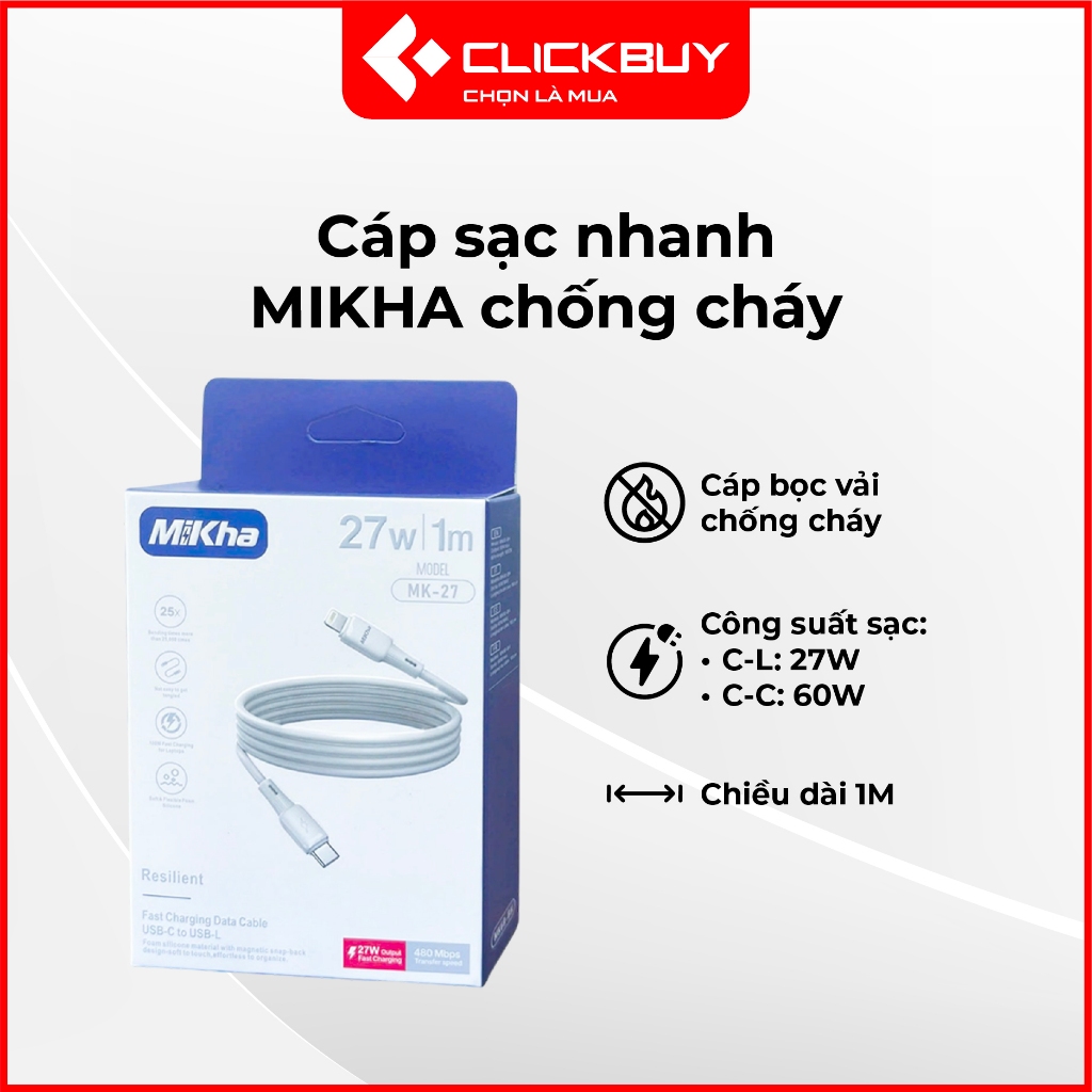 Cáp sạc nhanh MiKha C-L(27w) - C-C(60w) - Siêu bền - Chống cháy