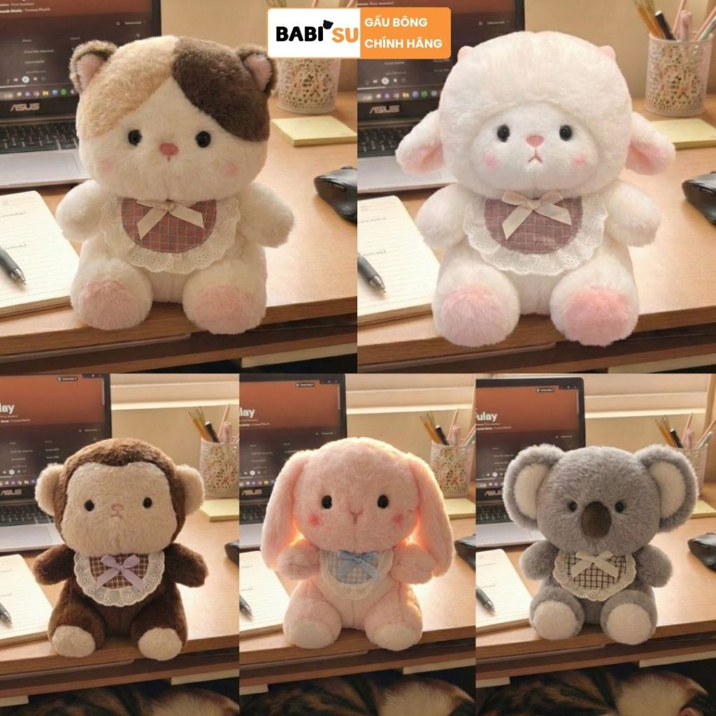 Gấu Bông Hình Thỏ Cừu Voi Cừu Mèo Đeo Yếm Caro Mini Quà Tặng Cho Trẻ Em,Bạn Gái Ngày Sinh Nhật, 8/3