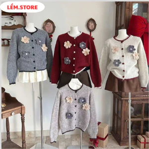 Áo Khoác Cardigan Len Nữ Cài Nút Hoa Áo Tay Dài Phối Khuy Đính Nơ Hàng QCCC loại 1
