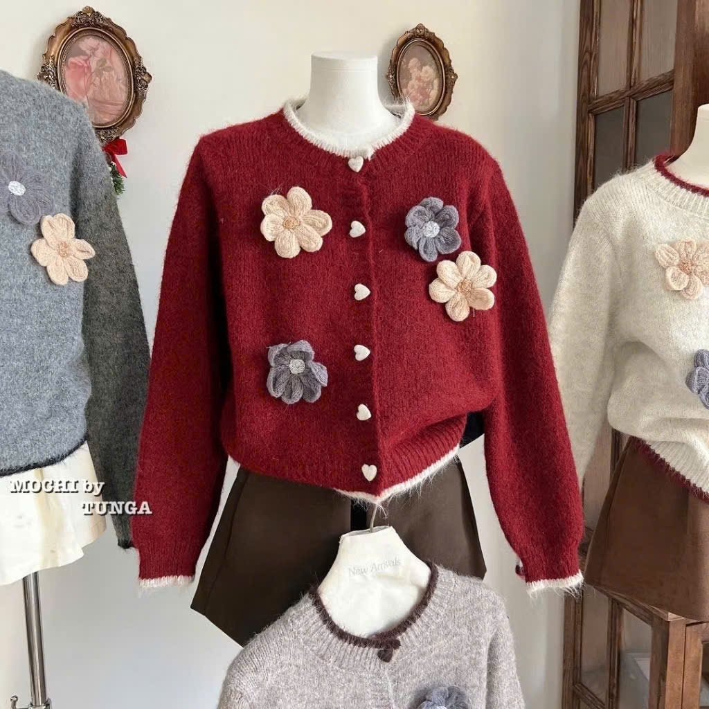 Áo Khoác Cardigan Len Nữ Cài Nút Hoa Áo Tay Dài Phối Khuy Đính Nơ Hàng QCCC loại 1