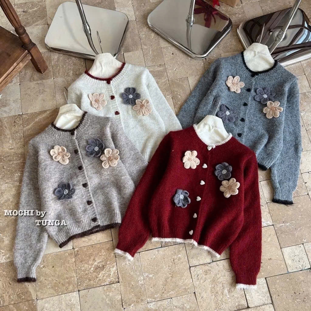 Áo Khoác Cardigan Len Nữ Cài Nút Hoa Áo Tay Dài Phối Khuy Đính Nơ Hàng QCCC loại 1