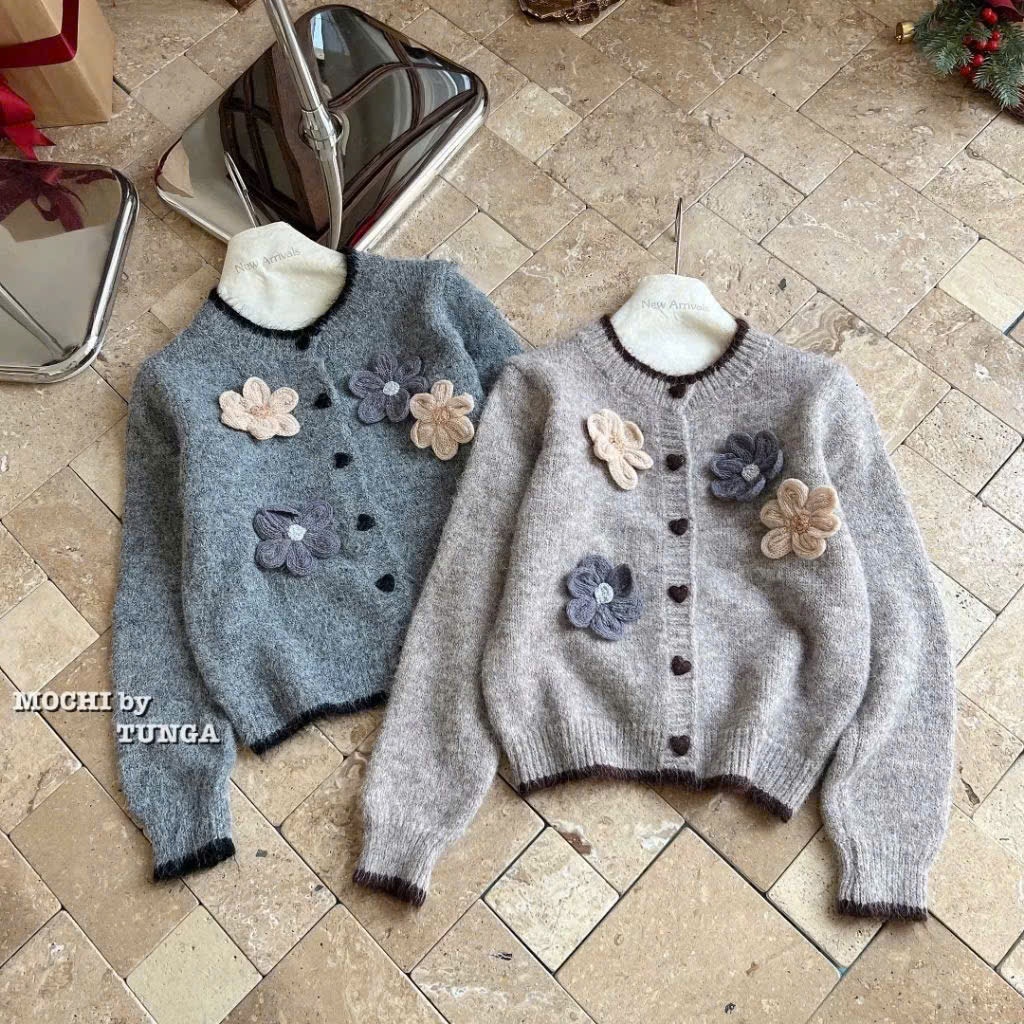 Áo Khoác Cardigan Len Nữ Cài Nút Hoa Áo Tay Dài Phối Khuy Đính Nơ Hàng QCCC loại 1