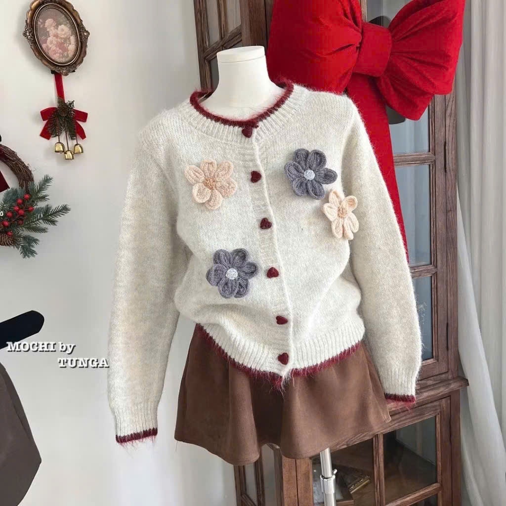 Áo Khoác Cardigan Len Nữ Cài Nút Hoa Áo Tay Dài Phối Khuy Đính Nơ Hàng QCCC loại 1