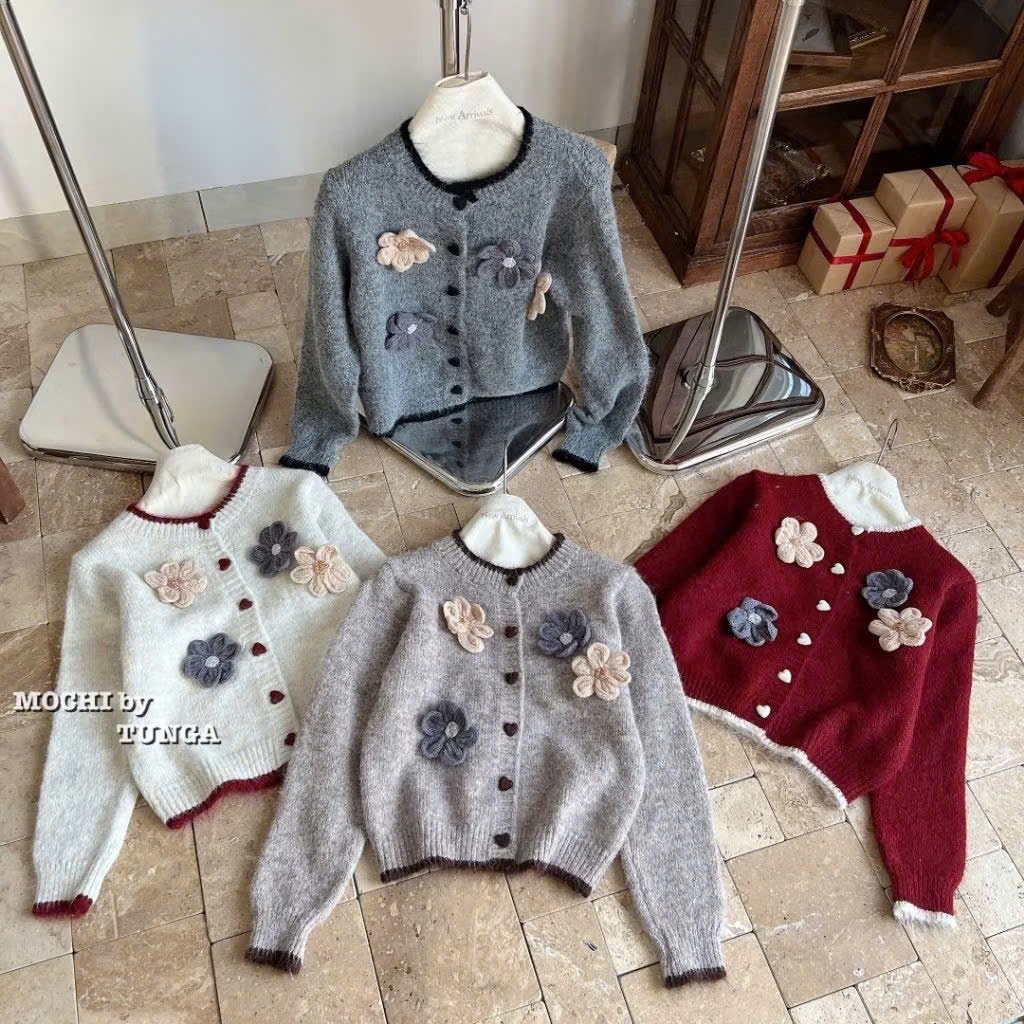 Áo Khoác Cardigan Len Nữ Cài Nút Hoa Áo Tay Dài Phối Khuy Đính Nơ Hàng QCCC loại 1
