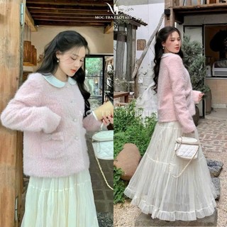 Áo khoác dạ bông cổ sen khuy đá tiểu thư siêu xinh, Áo khoác thu đông dày dặn cao cấp