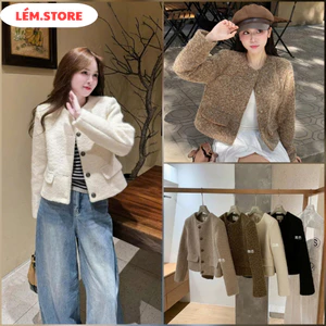 Áo Khoác Dạ Tweed BÔNG XÙ Kiểu Nữ 2 Lớp Có Đệm Vai Dáng Ngắn Basic Cổ Tròn Cúc Đồng Mùa Thu Đông chuẩn mác WG_WE