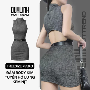 Váy nữ màu xám khoét lưng DuyLinh váy ôm body dáng ngắn cổ cao chất vải kim tuyến mềm mại T09