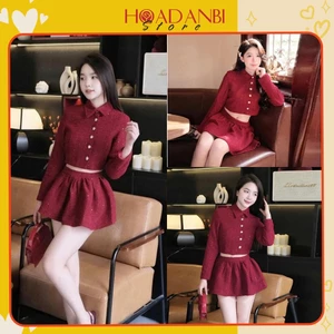 Set Dạ Tweed màu đỏ mix chân váy chữ A phong cách Hàn Quốc siêu xinh sẵn hàng kèm video sẵn hàng