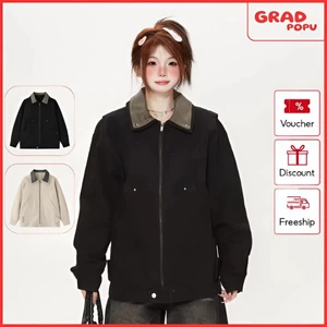 Áo khoác nữ GRADPOPU chất liệu da PU phối màu cổ chắp vá kiểu dáng BF rộng rãi hợp thời trang AK254