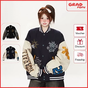 Áo khoác bóng chày GRADPOPU tay da dành cho nữ kiểu dáng rộng rãi thêu họa tiết chắp vá AK256