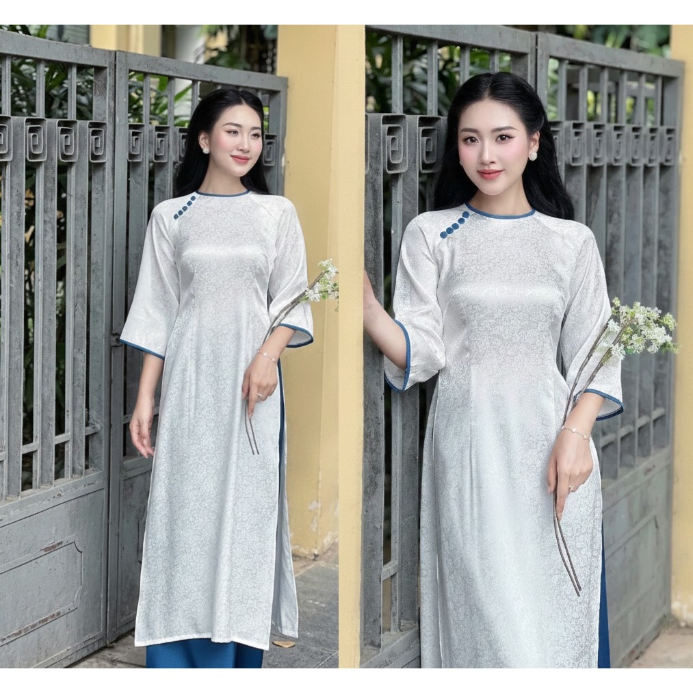 Set Áo dài lụa gấm dáng ôm không cổ tay lỡ đính cúc phối viền + Quần dài lụa mặc T1500G