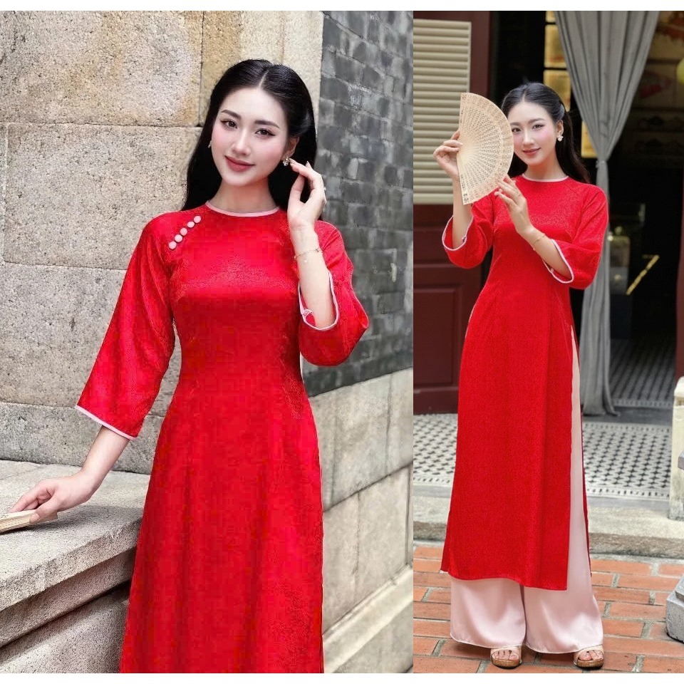 Set Áo dài lụa gấm dáng ôm không cổ tay lỡ đính cúc phối viền + Quần dài lụa mặc T1500G