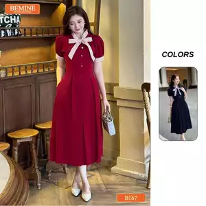 Đầm thiết kế BEMINE cổ trụ phối sọc nơ dáng chữ A phù hợp đi chơi-B162