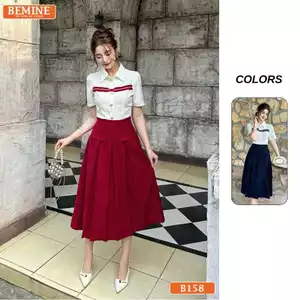 Đầm thiết kế BEMINE cổ sơ mi phối viền dáng chữ A tùng xếp ly phù hợp đi làm-B158