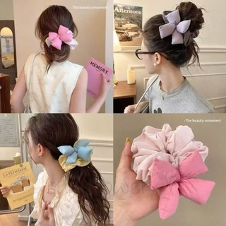 Scrunchies cột tóc nữ đính nơ xốp trơn phong cách kẹo ngọt trendy
