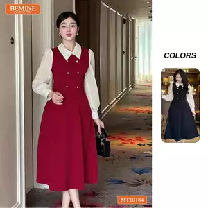 Đầm thiết kế BEMINE cổ đức dáng chữ A tay dài phối voan có cúc phù hợp đi làm, đi chơi-MT9924