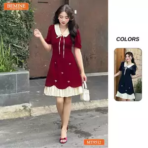 Đầm thiết kế BEMINE cổ sen đính nơ tùng xếp ly phù hợp đi chơi, đi dạo phố-MT9512