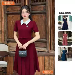 Đầm thiết kế cổ sen eo đính nơ tùng xếp ly BEMINE MT8969