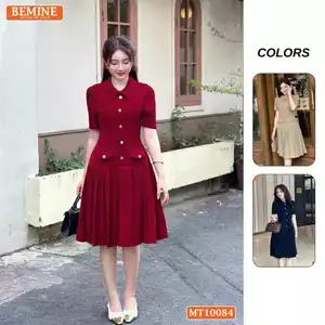 Đầm thiết kế BEMINE cổ đức đính cúc dáng chữ A tùng váy đuôi cá xếp ly phù hợp đi làm, đi tiệc-MT10084