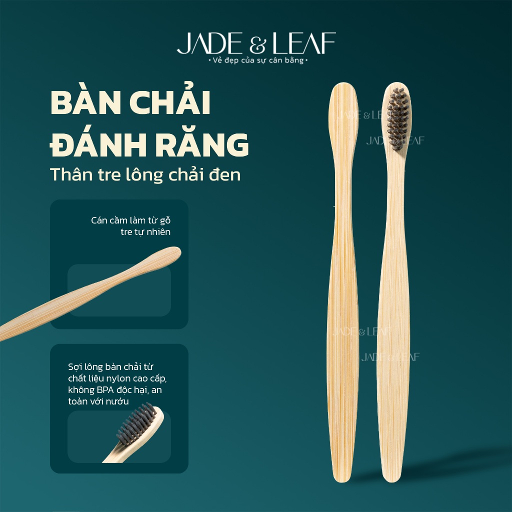 Bàn Chải Đánh Răng Jade&Leaf Thân Tre Lông Chải Đen, Thân Gỗ Bamboo Lông Mềm Bảo Vệ Nướu An Toàn