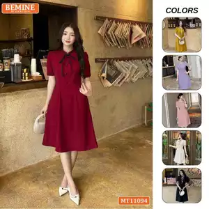 Đầm thiết kế BEMINE cổ tròn có dây nơ phối bèo dáng chữ A phù hợp đi làm-MT11094