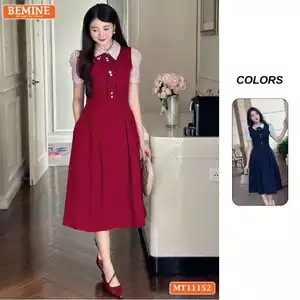 Đầm thiết kế BEMINE cổ đức phối sọc đính nơ dáng chữ A phù hợp đi làm-MT11152