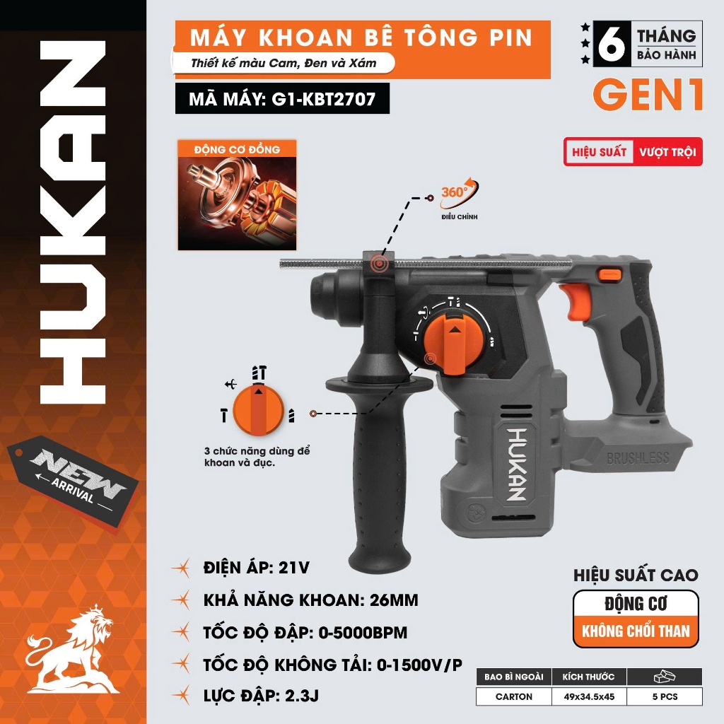 Thân Máy Khoan Bê Tông Pin 21V HUKAN G1-KBT2707 | 3 Chức Năng: Khoan, Khoan Búa, Búa | Lực Đập 2.3J | SDS Plus 26mm