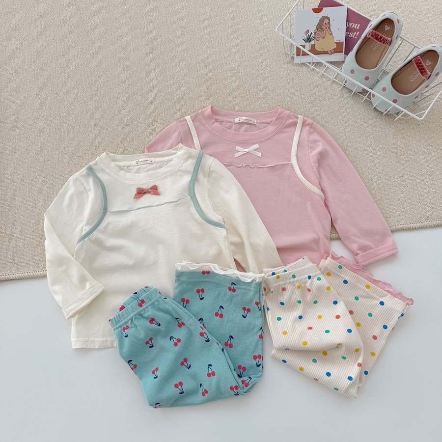 Set bộ dài tay bé gái Miniumbaby, set bộ thu đông đính nơ chấm bi, chất vải cotton mềm mại SB2415