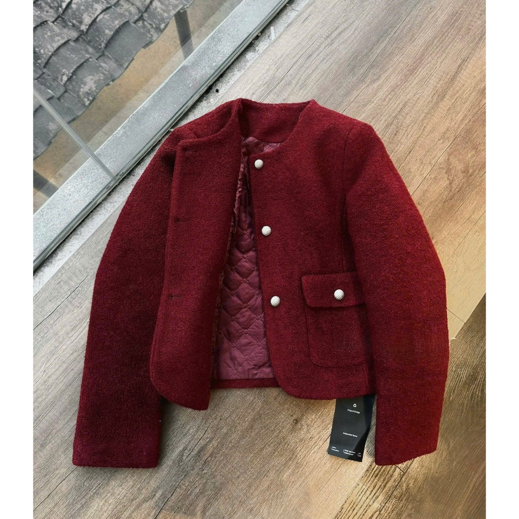 ZIMM STORE-Áo Khoác Dạ Tweed Nữ Dáng Ngắn phối cục nổi