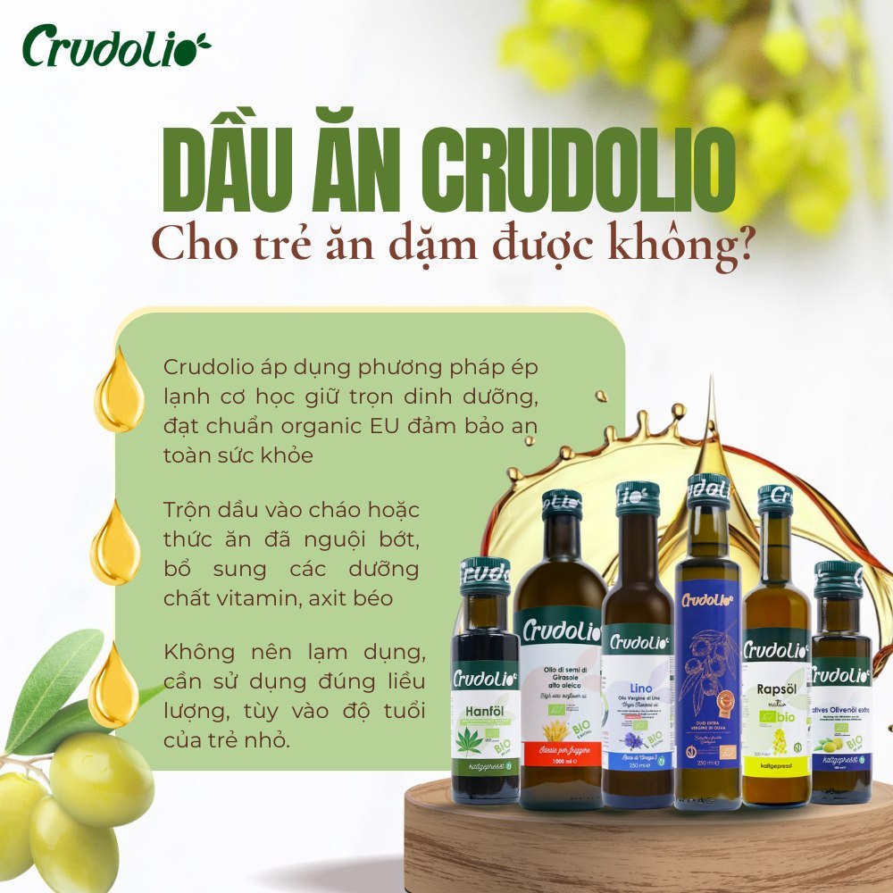 Dầu Hướng Dương Hữu Cơ Ép Lạnh High Oleic CRUDOLIO 1L Thuần Chay Ăn Dặm