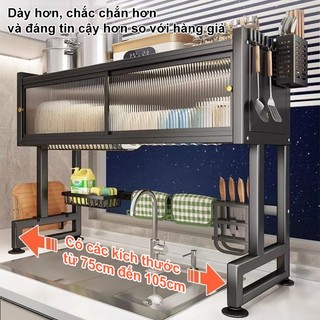 BMZAR Kệ để chén bát Có cửa trượt 【75-105CM】Kệ chén có nắp đậy Chống bụi 360 độ Kệ bát trên bồn rửa bát Chất liệu thép