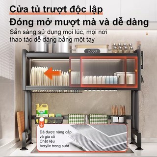 BMZAR Kệ để chén bát Có cửa trượt 【75-105CM】Kệ chén có nắp đậy Chống bụi 360 độ Kệ bát trên bồn rửa bát Chất liệu thép