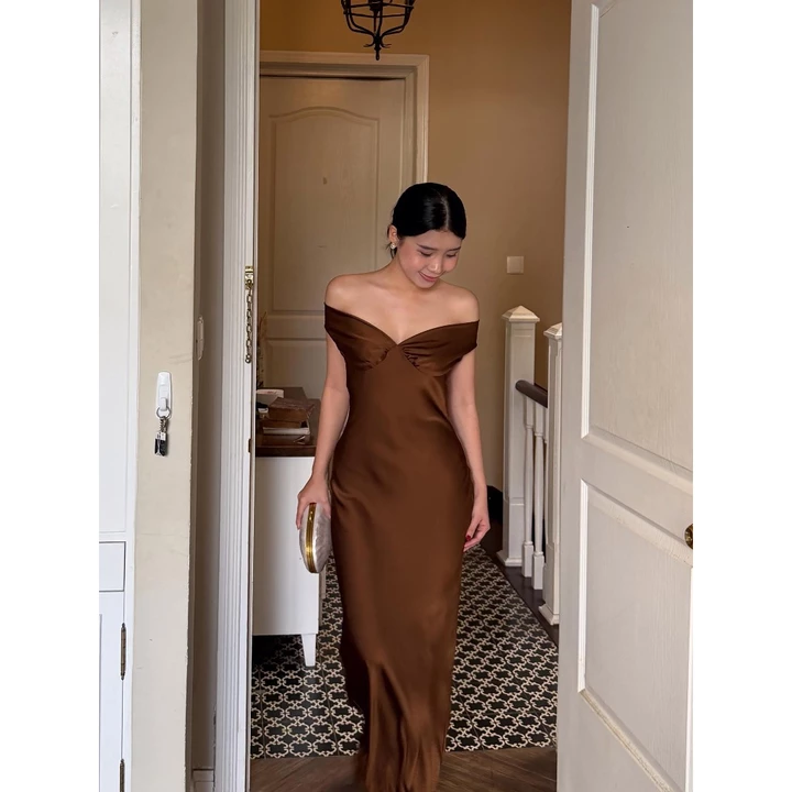 Đầm lụa Váy lụa trễ vai, Đầm lụa nhún ngực đi tiệc dáng dài, Váy lụa dài dự tiệc sang chảnh
