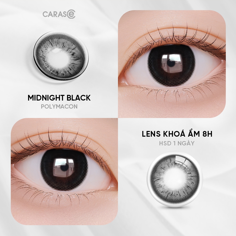 [1 chiếc] Kính áp tròng khoá ẩm 8H 1 Ngày Màu Đen Thuần CARASE, Lens cận MIDNIGHT BLACK