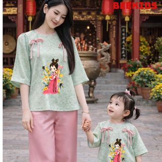 Bộ Bà Ba Mẹ và Bé Dáng Chữ A Gấm Lụa Mặc TRUNG THU, Sét Bộ Bà Ba Nữ Phối Nơ Trẻ Trung Mặc Nhà, Đi Chơi, BB04 - BEEKIDS