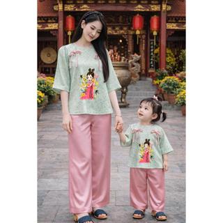 Bộ Bà Ba Mẹ và Bé Dáng Chữ A Gấm Lụa Mặc TRUNG THU, Sét Bộ Bà Ba Nữ Phối Nơ Trẻ Trung Mặc Nhà, Đi Chơi, BB04 - BEEKIDS