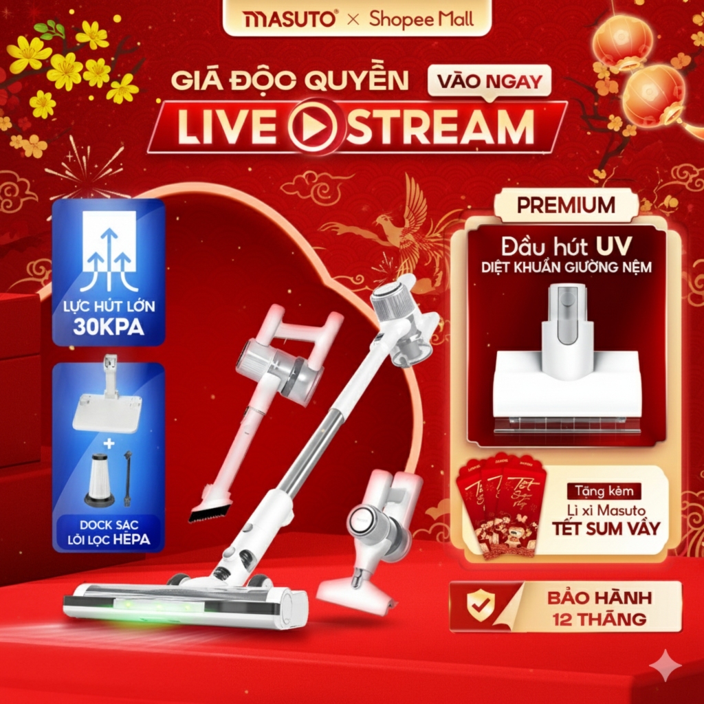 [MUA TRONG LIVE 2829K] Máy Hút Bụi Cầm Tay Không Dây Masuto Gia Đình Lực Hút 30kPa 2 Lõi Lọc, Máy Hút Bụi Giường Nệm Đệm