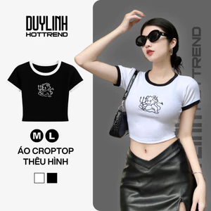 Áo croptop ngắn tay cổ tròn thêu hình kute ôm body tôn dáng 2 màu trắng đen Duy Linh Chuyên Sỉ DL29A