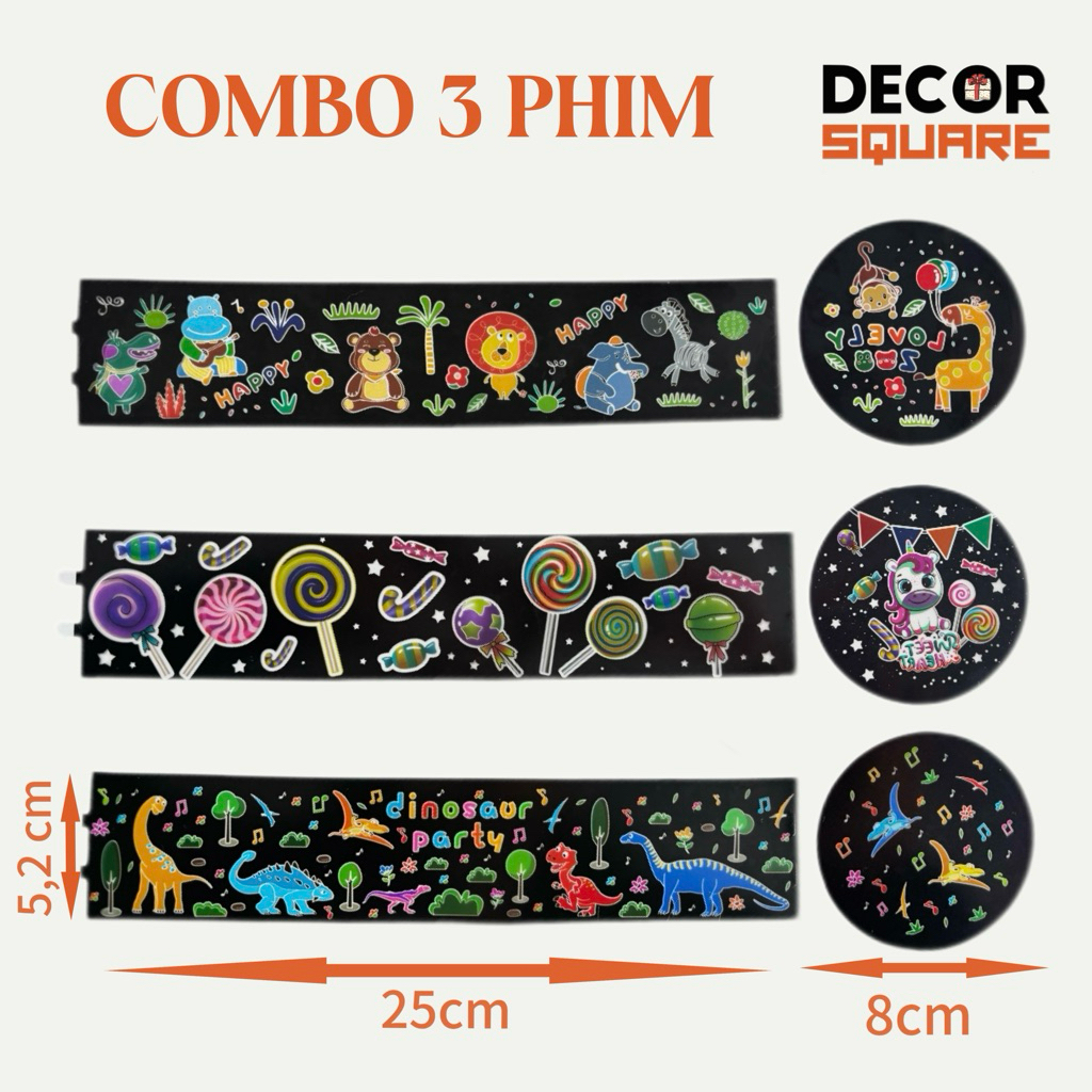 Set 06 tấm phim đèn chiếu sao: Khủng Long, Unicorn, Vườn Thú, Ngân Hà, Nhà Kẹo, Mặt Trăng