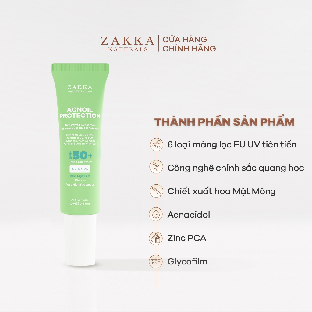 Minisize - Kem chống nắng phổ rộng Acnoil Protection Zakka Naturals kiềm dầu mỏng nhẹ 10ml