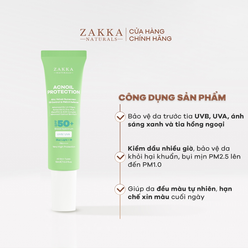 Minisize - Kem chống nắng phổ rộng Acnoil Protection Zakka Naturals kiềm dầu mỏng nhẹ 10ml