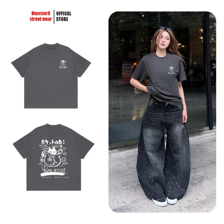 áo thun rộng rãi streetwear túi denim kidult