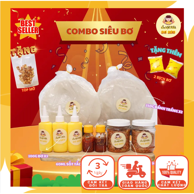 (Combo Siêu Bơ) Bánh Tráng Phơi Sương, Muối Tép Và Bơ (3 Chai Bơ + 2 Tép Hành Phi + Sốt Tắc, Ớt Rim)